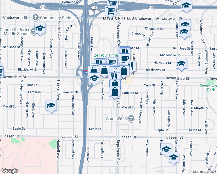 map of restaurants, bars, coffee shops, grocery stores, and more near 15436 Tuba Street in Los Angeles