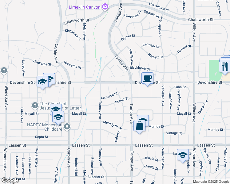 map of restaurants, bars, coffee shops, grocery stores, and more near 10231 Calvin Avenue in Los Angeles