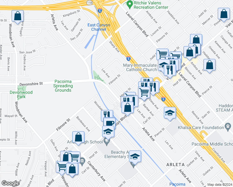 map of restaurants, bars, coffee shops, grocery stores, and more near 10218 Arleta Avenue in Los Angeles