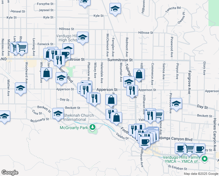 map of restaurants, bars, coffee shops, grocery stores, and more near 7449 Apperson Street in Los Angeles