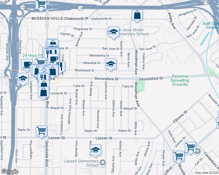 map of restaurants, bars, coffee shops, grocery stores, and more near in San Fernando