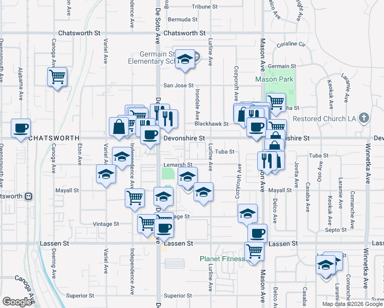 map of restaurants, bars, coffee shops, grocery stores, and more near 10210 Oklahoma Avenue in Los Angeles