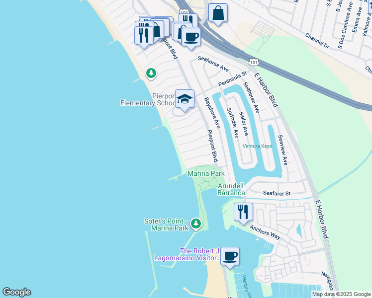 map of restaurants, bars, coffee shops, grocery stores, and more near 1402 Nathan Lane in Ventura