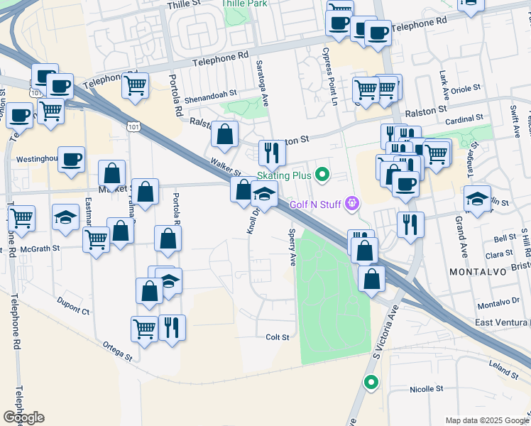map of restaurants, bars, coffee shops, grocery stores, and more near 5200 Valentine Road in Ventura