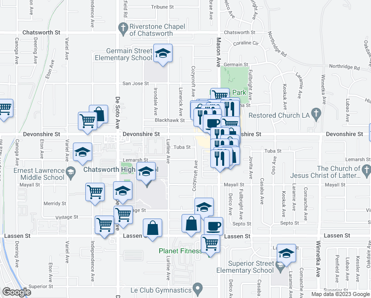 map of restaurants, bars, coffee shops, grocery stores, and more near 20624 Tuba Street in Los Angeles
