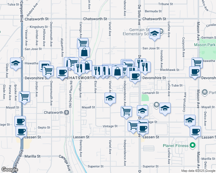 map of restaurants, bars, coffee shops, grocery stores, and more near 21101 Lemarsh Street in Los Angeles