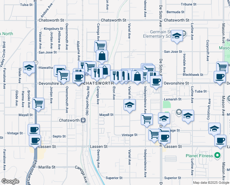 map of restaurants, bars, coffee shops, grocery stores, and more near 21211 Lemarsh Street in Los Angeles