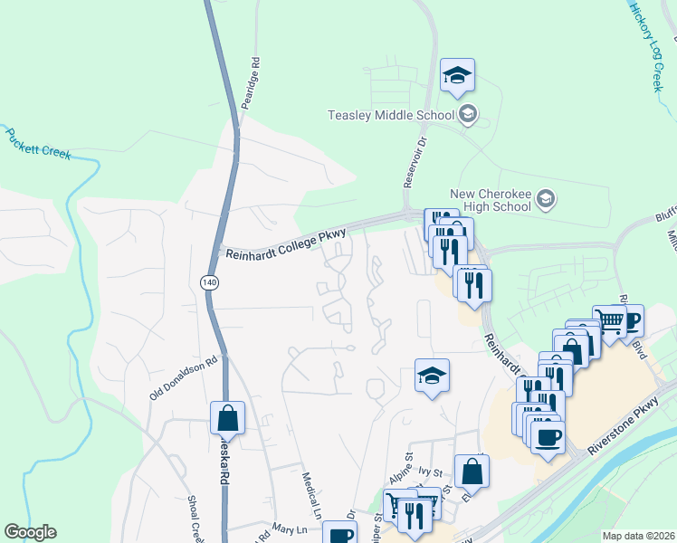 map of restaurants, bars, coffee shops, grocery stores, and more near 100 River Ridge Drive in Canton