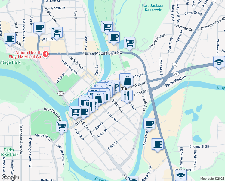 map of restaurants, bars, coffee shops, grocery stores, and more near 1 East 5th Avenue in Rome