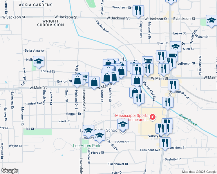 map of restaurants, bars, coffee shops, grocery stores, and more near 117 Milford Street in Tupelo