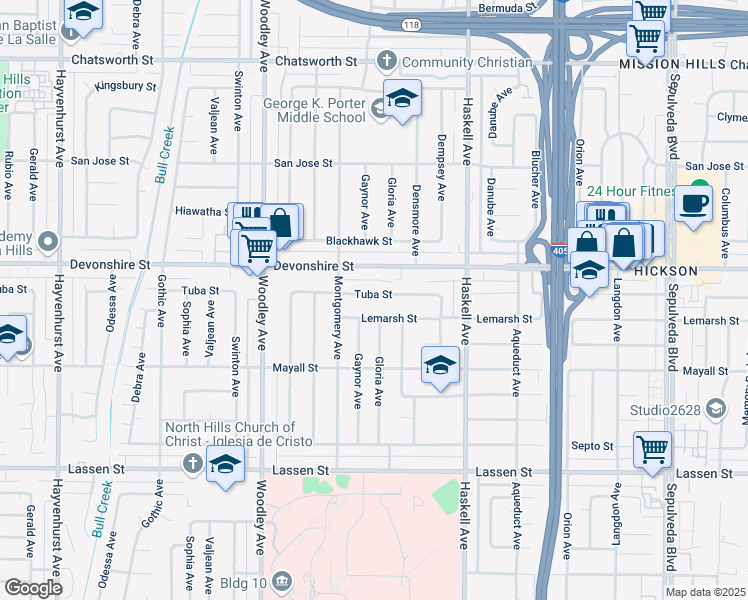 map of restaurants, bars, coffee shops, grocery stores, and more near 15950 Tuba Street in Los Angeles