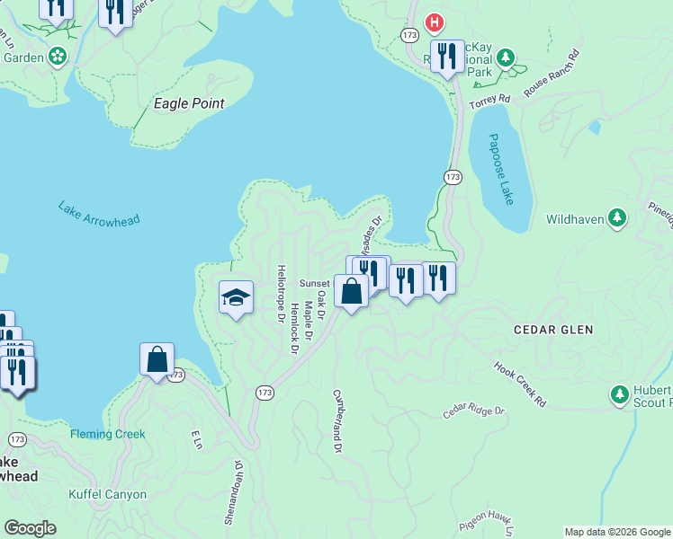 map of restaurants, bars, coffee shops, grocery stores, and more near 28886 Cedar Drive in Lake Arrowhead