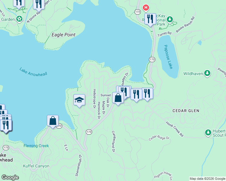 map of restaurants, bars, coffee shops, grocery stores, and more near 319 Sunset Drive in Lake Arrowhead