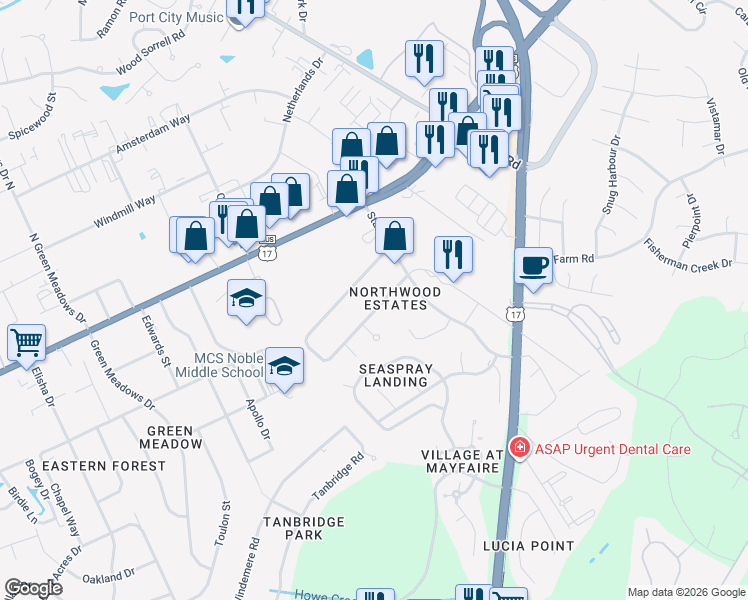 map of restaurants, bars, coffee shops, grocery stores, and more near 59 Northwood Drive in Wilmington