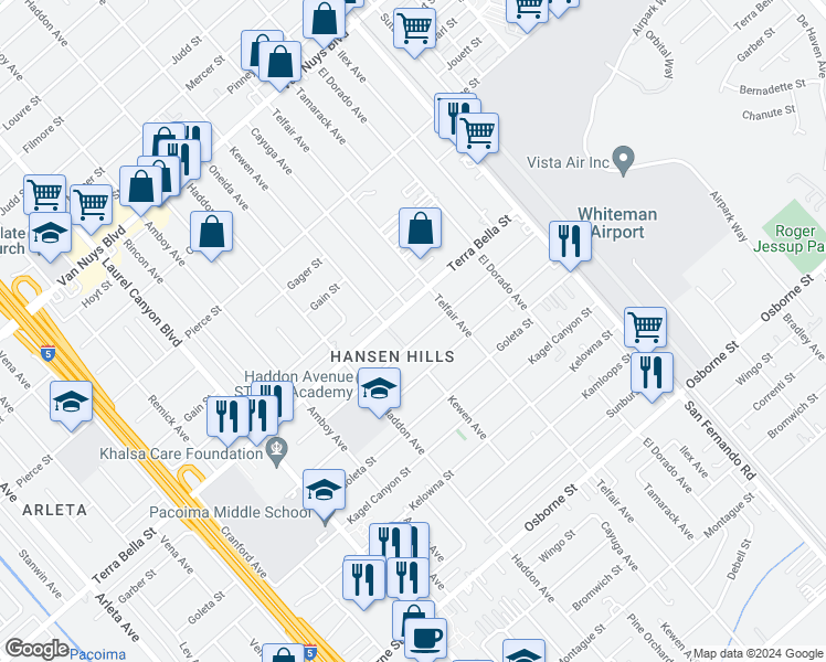map of restaurants, bars, coffee shops, grocery stores, and more near 13207 Garber Street in Los Angeles