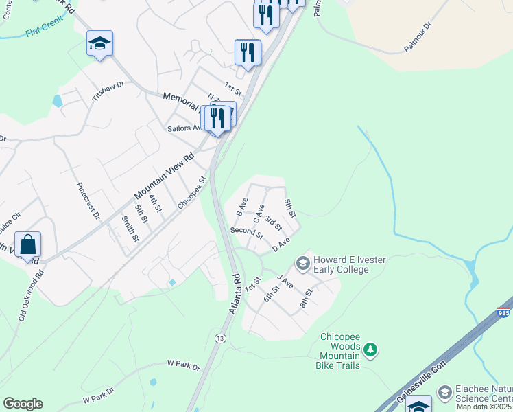 map of restaurants, bars, coffee shops, grocery stores, and more near 5 C Avenue in Gainesville