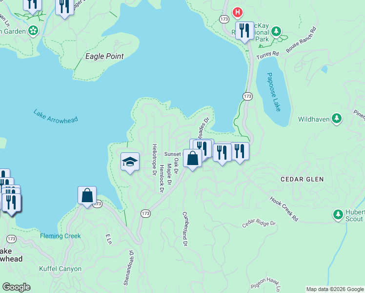 map of restaurants, bars, coffee shops, grocery stores, and more near 28886 Cedar Drive in Lake Arrowhead