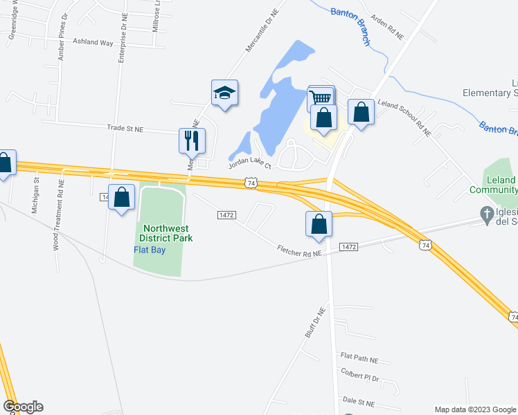 map of restaurants, bars, coffee shops, grocery stores, and more near 1805 Liz Lane Northeast in Leland