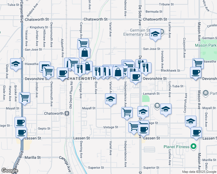 map of restaurants, bars, coffee shops, grocery stores, and more near 21101 Lemarsh Street in Los Angeles
