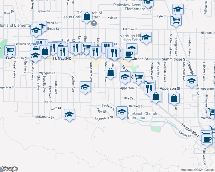 map of restaurants, bars, coffee shops, grocery stores, and more near 10306 Whitegate Avenue in Los Angeles