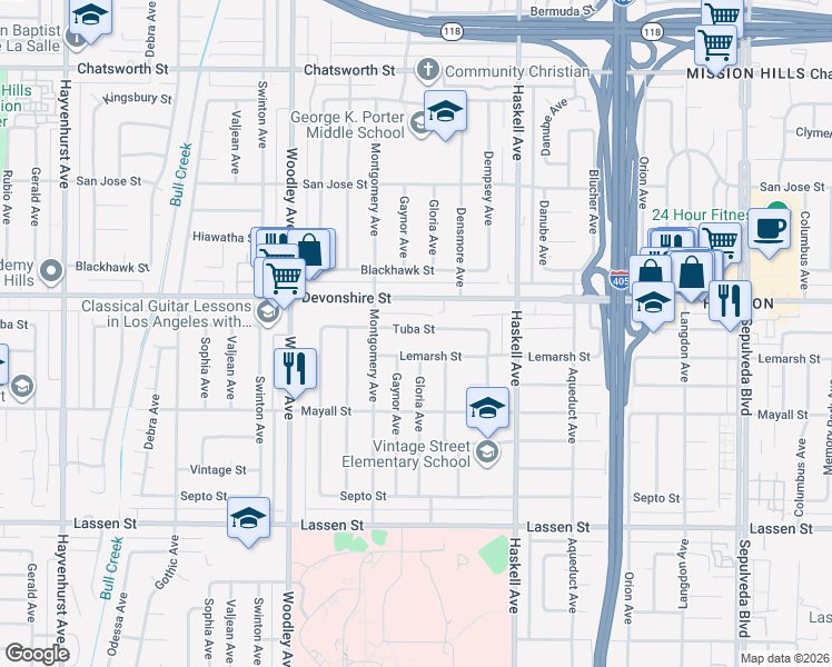 map of restaurants, bars, coffee shops, grocery stores, and more near 15952 Tuba Street in Los Angeles