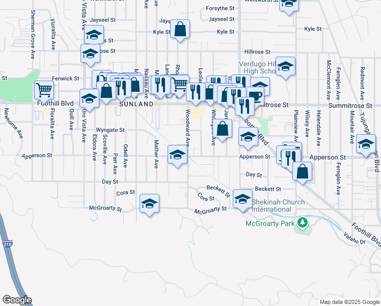 map of restaurants, bars, coffee shops, grocery stores, and more near 7961 Apperson Street in Los Angeles