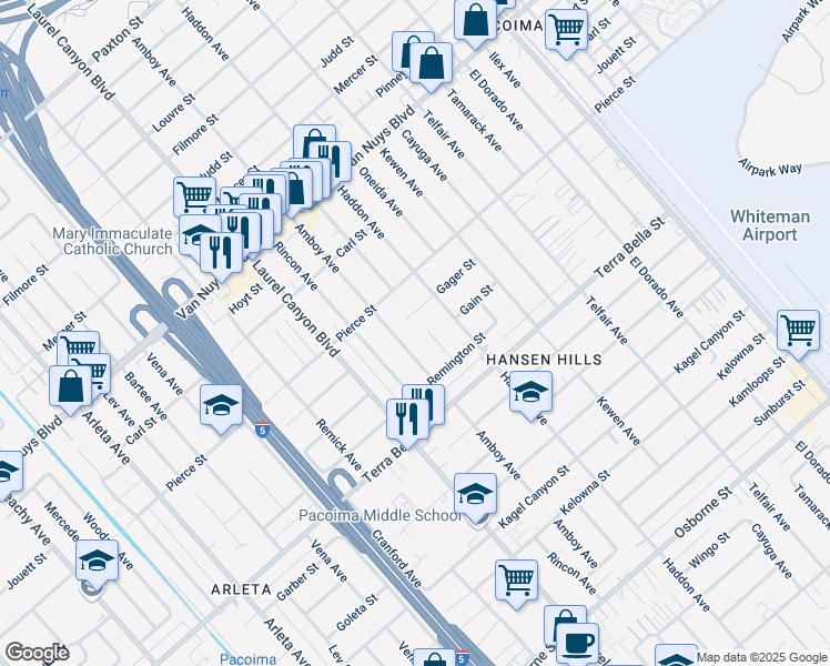 map of restaurants, bars, coffee shops, grocery stores, and more near 10215 O Melveny Avenue in Los Angeles