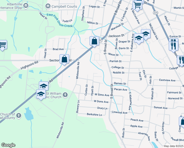 map of restaurants, bars, coffee shops, grocery stores, and more near 1108 Hyatt Street in Albertville