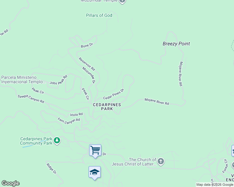 map of restaurants, bars, coffee shops, grocery stores, and more near Cedar Pines Drive in Crestline