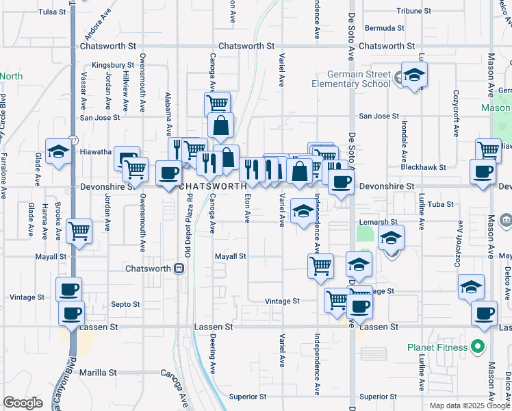 map of restaurants, bars, coffee shops, grocery stores, and more near 10230 Eton Avenue in Los Angeles