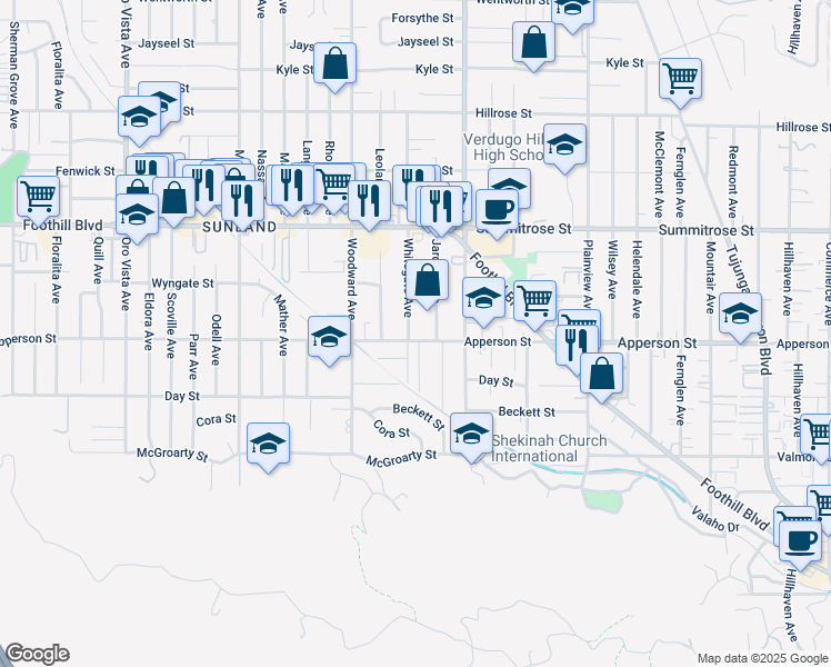 map of restaurants, bars, coffee shops, grocery stores, and more near 10306 Whitegate Avenue in Los Angeles