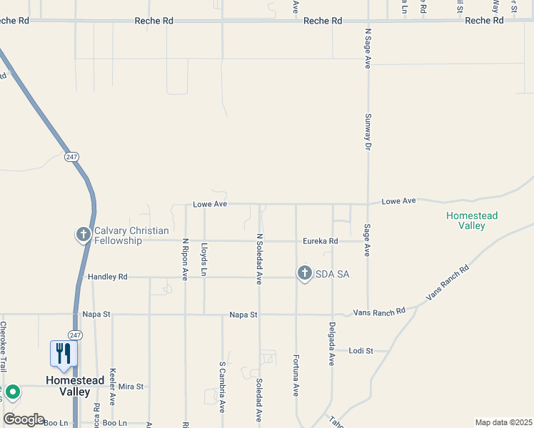 map of restaurants, bars, coffee shops, grocery stores, and more near 56625 Lowe Avenue in Yucca Valley