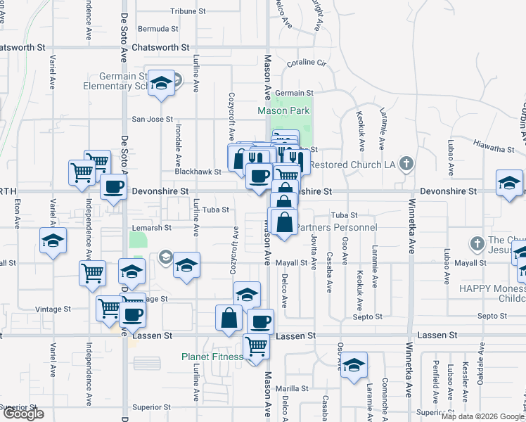 map of restaurants, bars, coffee shops, grocery stores, and more near 20478-20488 Devonshire Street in Los Angeles