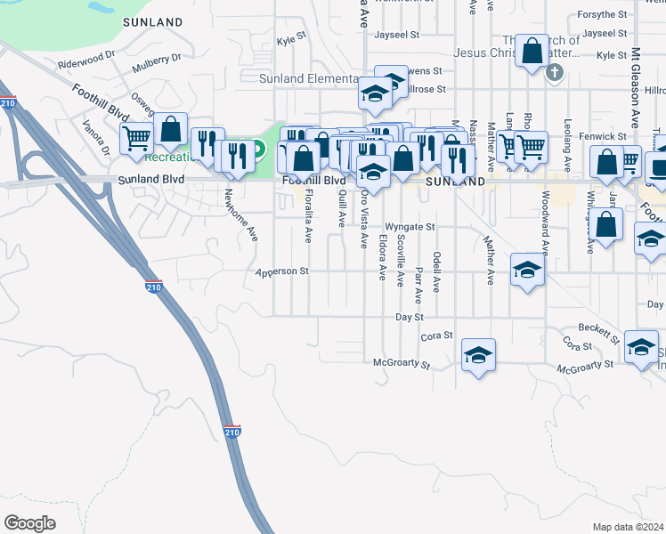 map of restaurants, bars, coffee shops, grocery stores, and more near 8439 Apperson Street in Los Angeles