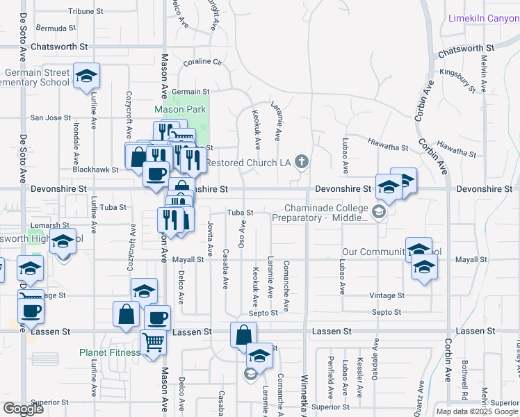 map of restaurants, bars, coffee shops, grocery stores, and more near 10201 Laramie Avenue in Los Angeles