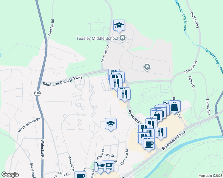 map of restaurants, bars, coffee shops, grocery stores, and more near 161 Riverstone Commons Circle in Canton
