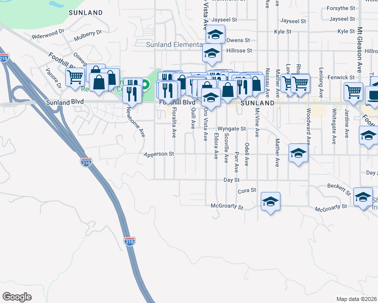 map of restaurants, bars, coffee shops, grocery stores, and more near 8439 Apperson Street in Los Angeles