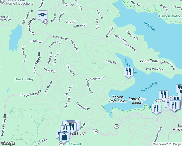 map of restaurants, bars, coffee shops, grocery stores, and more near 27115 Sugar Pine Drive in Lake Arrowhead