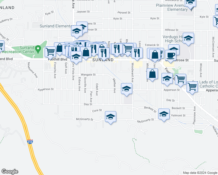 map of restaurants, bars, coffee shops, grocery stores, and more near 8139 Apperson Street in Los Angeles