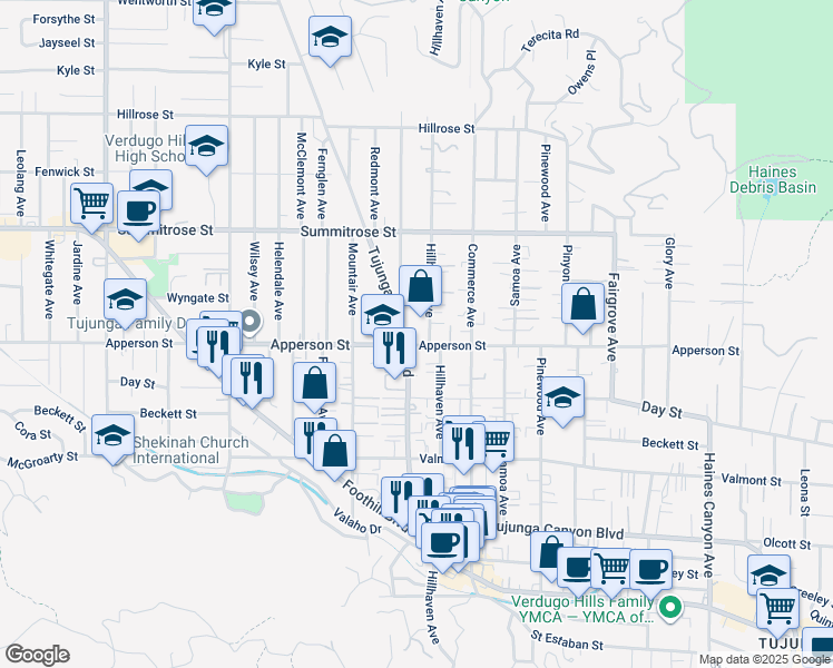 map of restaurants, bars, coffee shops, grocery stores, and more near 10340 Hillhaven Avenue in Los Angeles