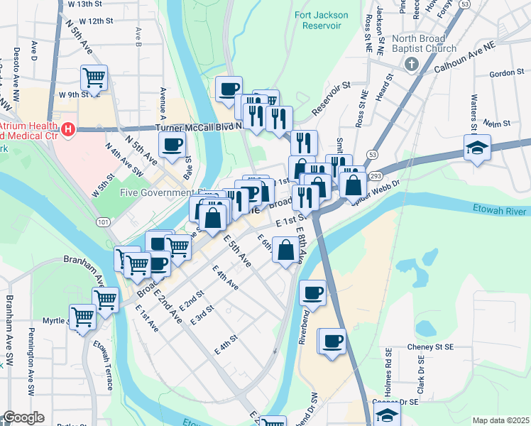 map of restaurants, bars, coffee shops, grocery stores, and more near 701 Broad Street in Rome