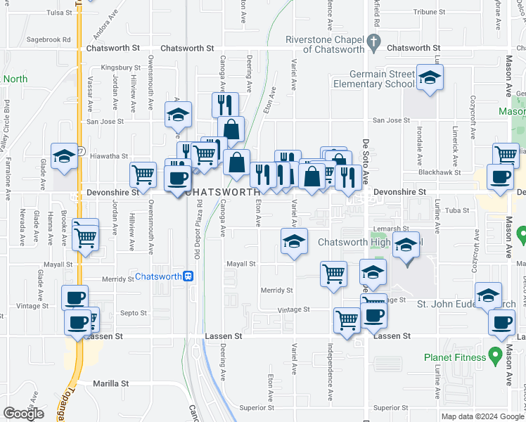 map of restaurants, bars, coffee shops, grocery stores, and more near 10234 Eton Avenue in Los Angeles