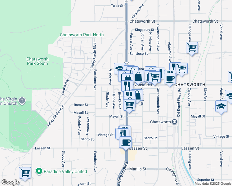 map of restaurants, bars, coffee shops, grocery stores, and more near 10228 Hanna Avenue in Los Angeles