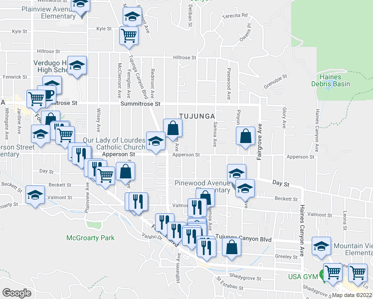 map of restaurants, bars, coffee shops, grocery stores, and more near 7225 Apperson Street in Los Angeles