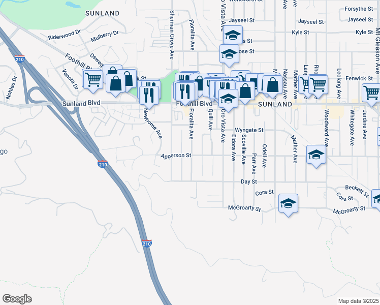 map of restaurants, bars, coffee shops, grocery stores, and more near 10305 Floralita Avenue in Los Angeles