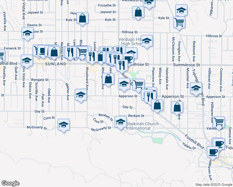 map of restaurants, bars, coffee shops, grocery stores, and more near 10336 Jardine Avenue in Los Angeles