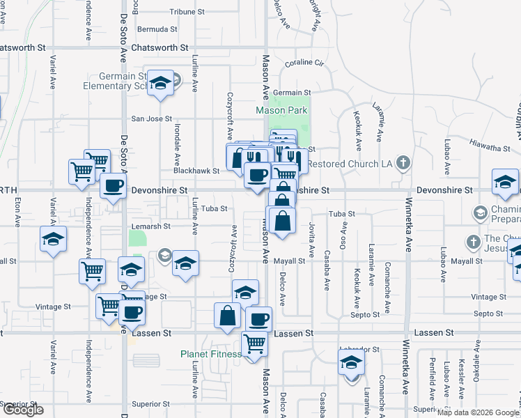 map of restaurants, bars, coffee shops, grocery stores, and more near 20478-20488 Devonshire Street in Los Angeles