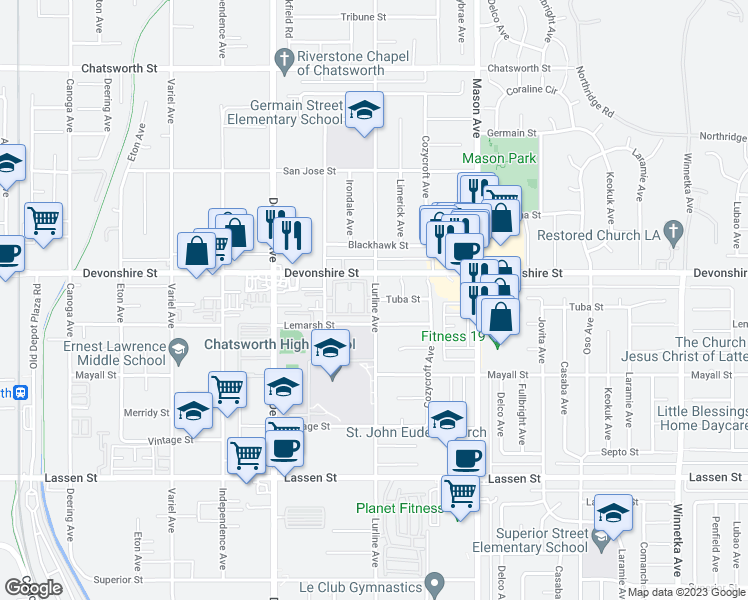 map of restaurants, bars, coffee shops, grocery stores, and more near 10254 Lurline Avenue in Los Angeles