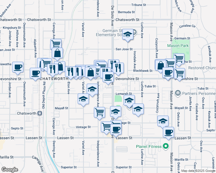 map of restaurants, bars, coffee shops, grocery stores, and more near 20936 Devonshire Street in Los Angeles