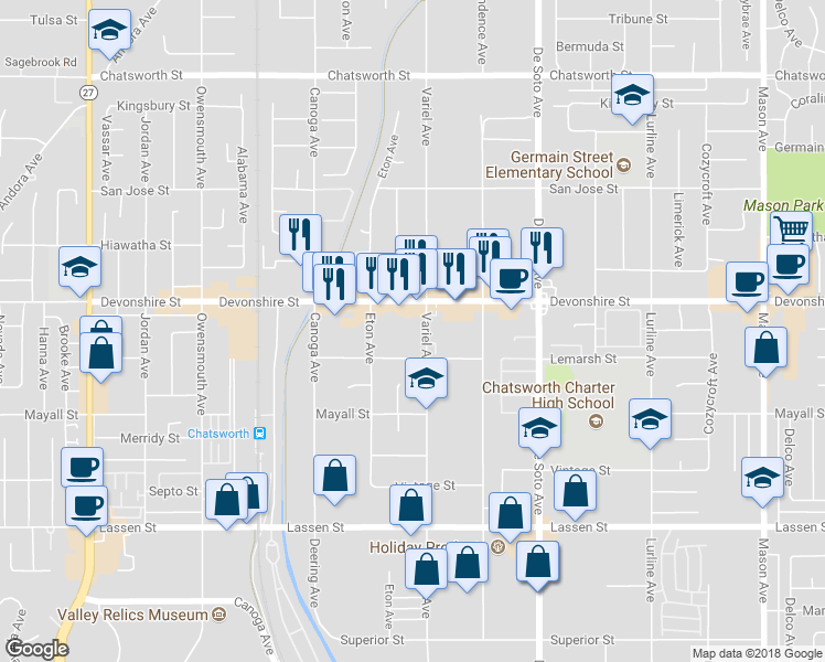 map of restaurants, bars, coffee shops, grocery stores, and more near 10300 Variel Avenue in Los Angeles